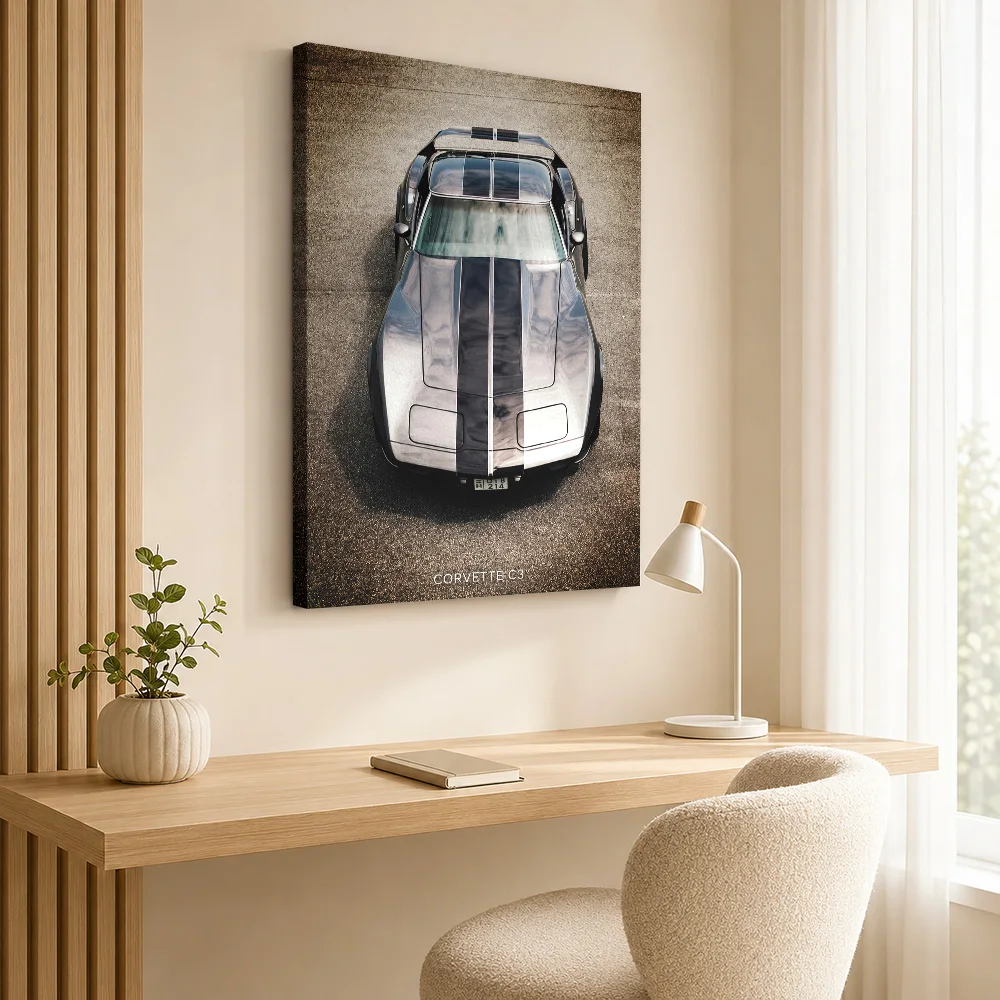 American Corvette C3 Silver Sports Car Canvas Print Posters Retro Style Wall Art With Customized Photo For Den Ideal Driver Gift