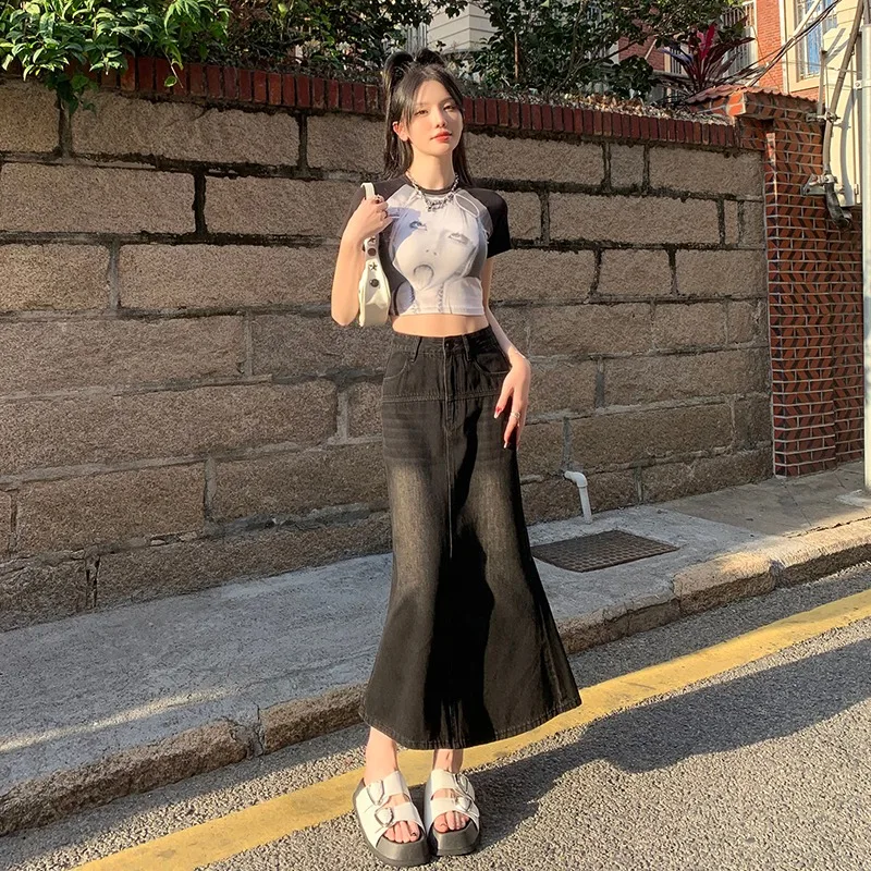 

New Korean Retro Denim Skirts Women High Waist A-line Ankle-length Solid Color Skirt Office Lady Versatile Fashion Skirts Female