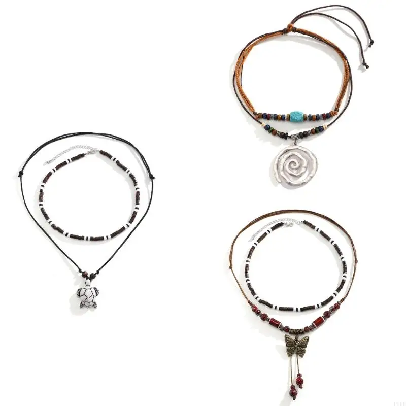 

652F 2Pcs Vintage Spiraled/Tortoise/Butterfly Pendant Necklace Adjustable Length Neckchain with Natural Beads Charm for Women