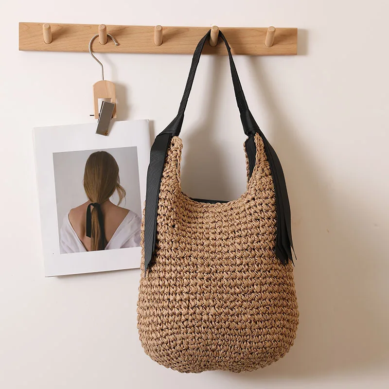 Neue 2026 Einfarbige Strohtasche Sommer Bohemian Style Strandurlaub Einzel-Schultertasche Geflochtene Handtasche für Damen – Detail 15