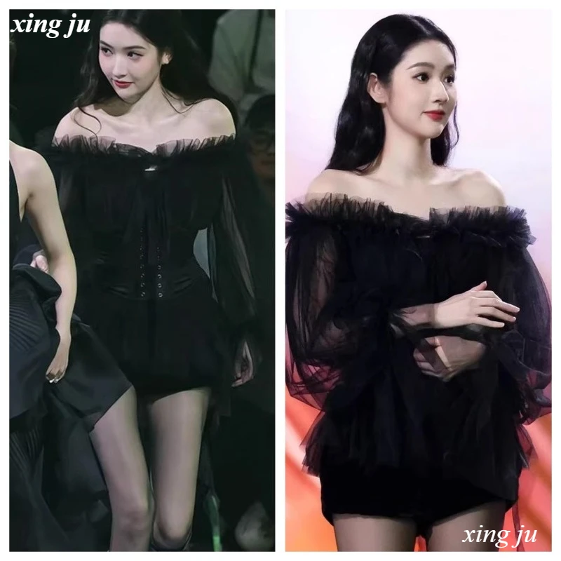 

Kpop Korean Singer Stage Black Mesh Strapless Shirt Sexy See-Through Short Tops Women Group Jazz Performance Dj Dance Costumes