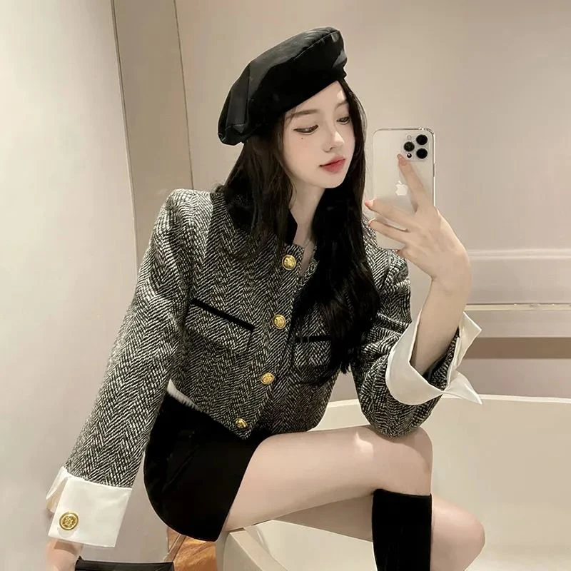 Y2K Retro Women Crop Coat Korean Elegant Stand Collar Female Jacket Autumn All Match Button Long Sleeve Ladies Casual Tops