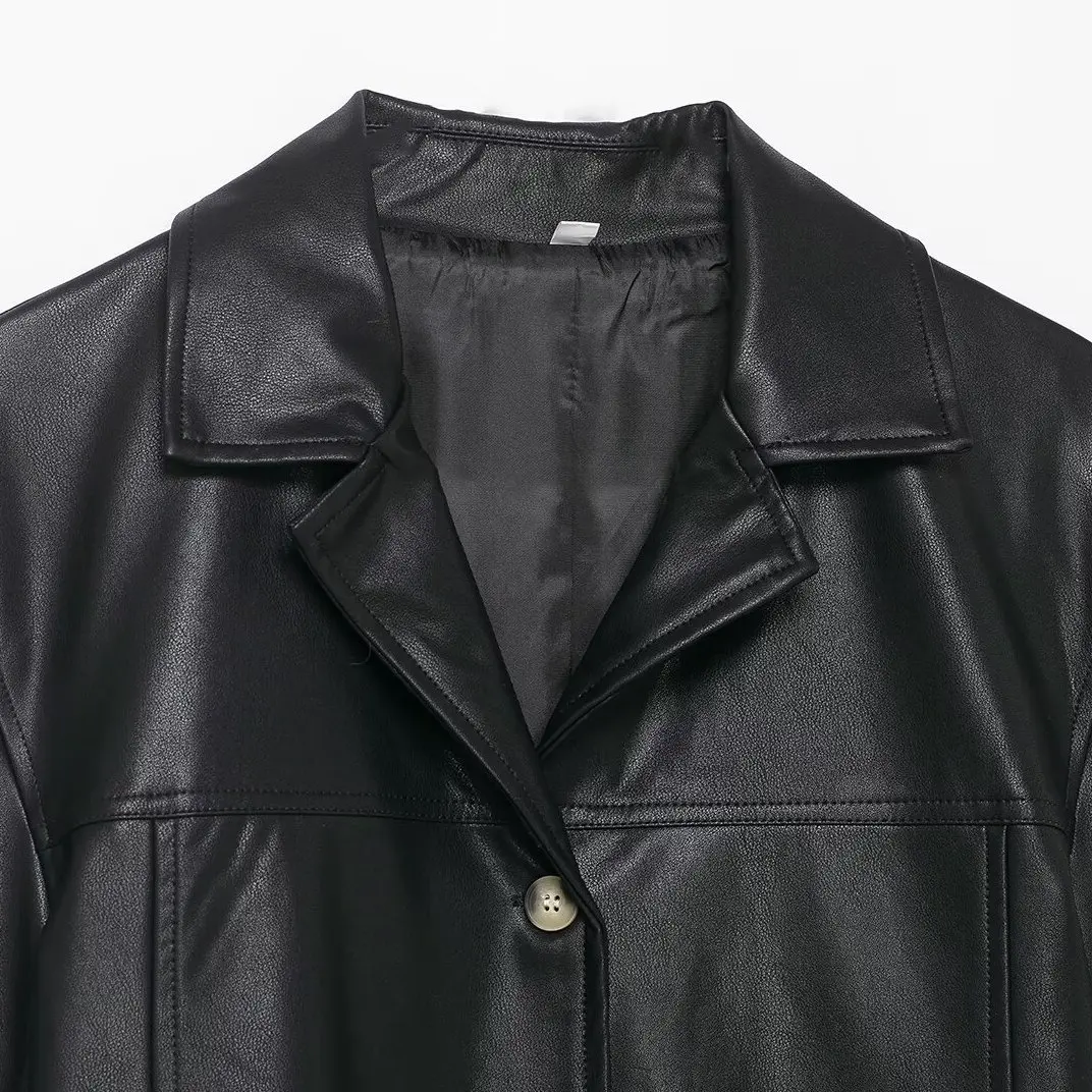 JNLEAOG Autumn New Women's Faion Button Coated Leather Jaet Versatile Long Sve Polyester Stand Fit Ladies Coat