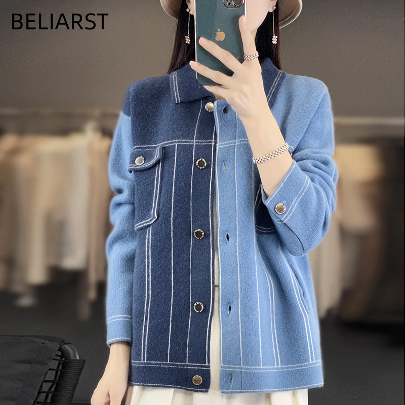 Cashmere Coat Women\'s Clothing PoLo Collar Cardigan 100% Merino Wool Knit Color-block Top Fashion Korean Luxury Jacket Shirt