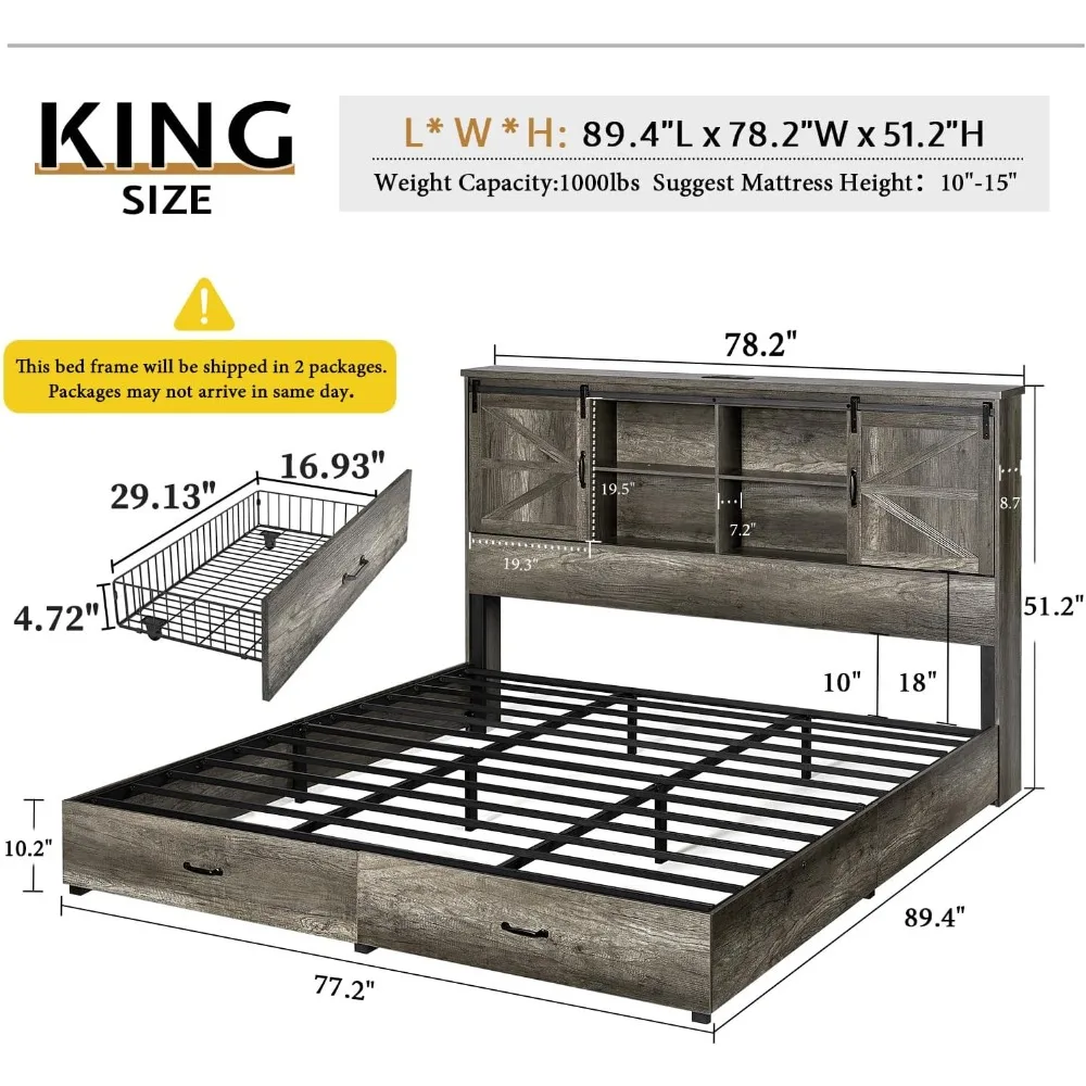 Rama łóżka typu king-size, drewniane łóżka z platformą do przechowywania z zagłówkiem regału 51,2 cala, 2 szuflady, stacja ładująca/różka łóżka