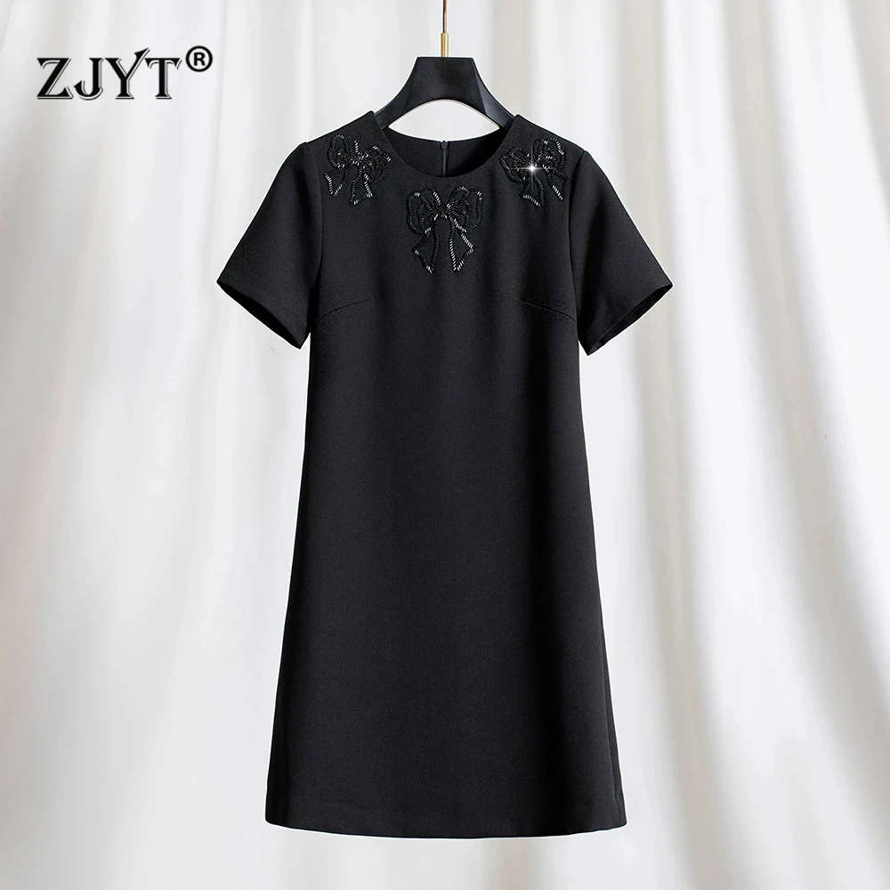 

ZJYT Summer Women Dress Elegant Casual 2026 Designer New Short Sleeve Beading Bow Brief Office Party Dresses Vestidos Ladies