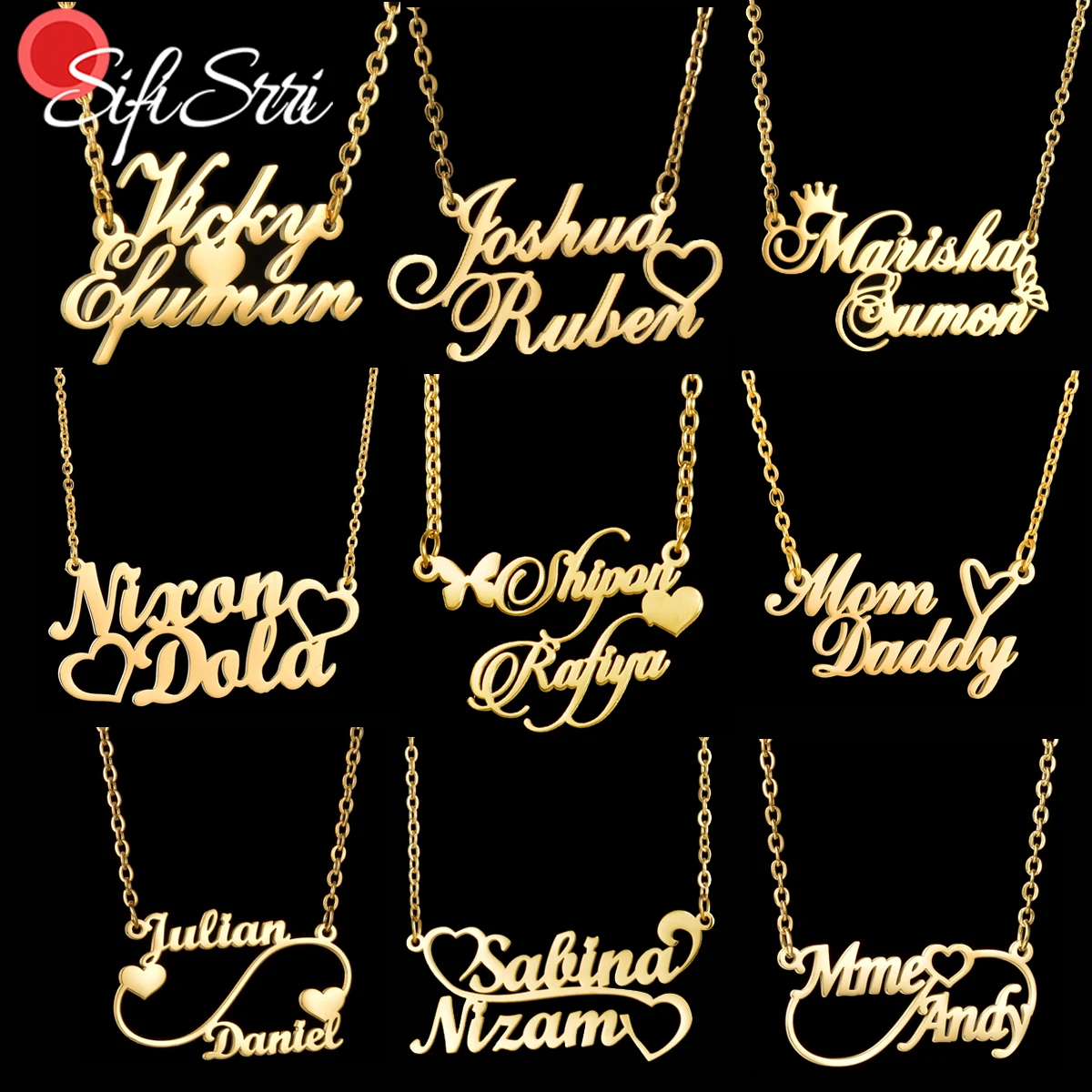 Sifisrri Personalized Custom 2 Names Necklace Stainless Steel for Women Heart Pendant Letter Choker Chain Unisex Jewelry Gift