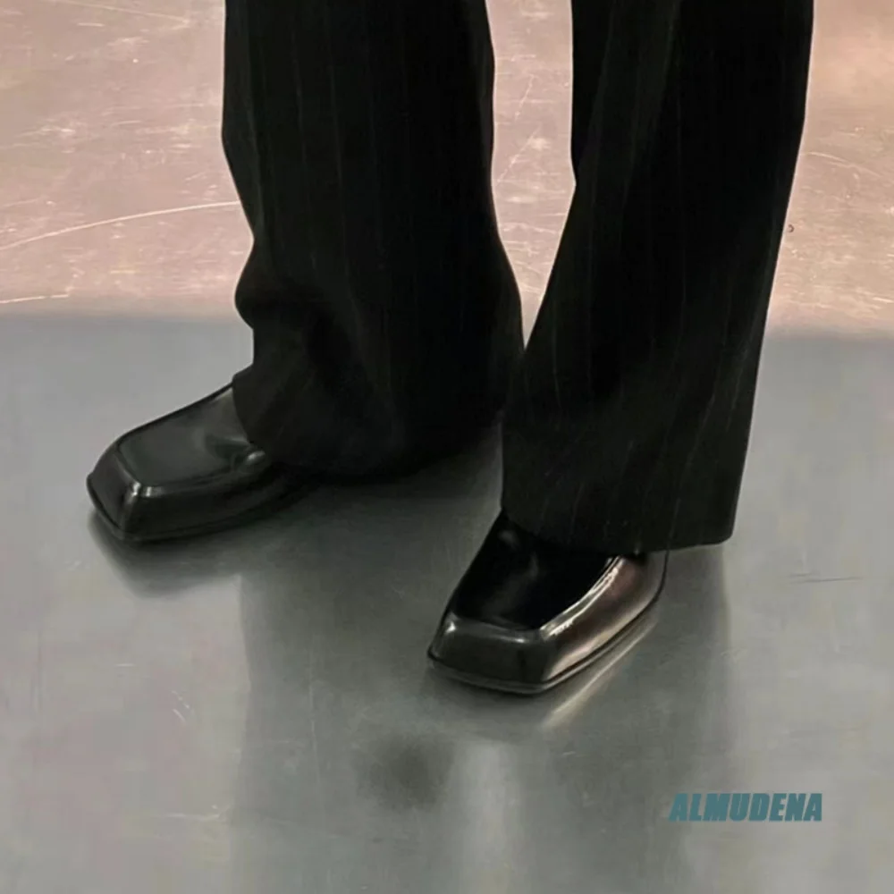 Street Style Men Square Toe Slip-On Loafers Glossy Patent Leather Flat Sole Shoes Trendy Business Daily Wear Casual Dress Shoes