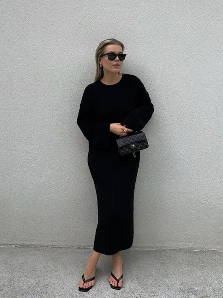 Solid Women Ribbed Knitted Midi Dress Casual Loose O-neck Long Sleeve Lady Dresses 2023 Autumn Female Chic Streetwear Robe