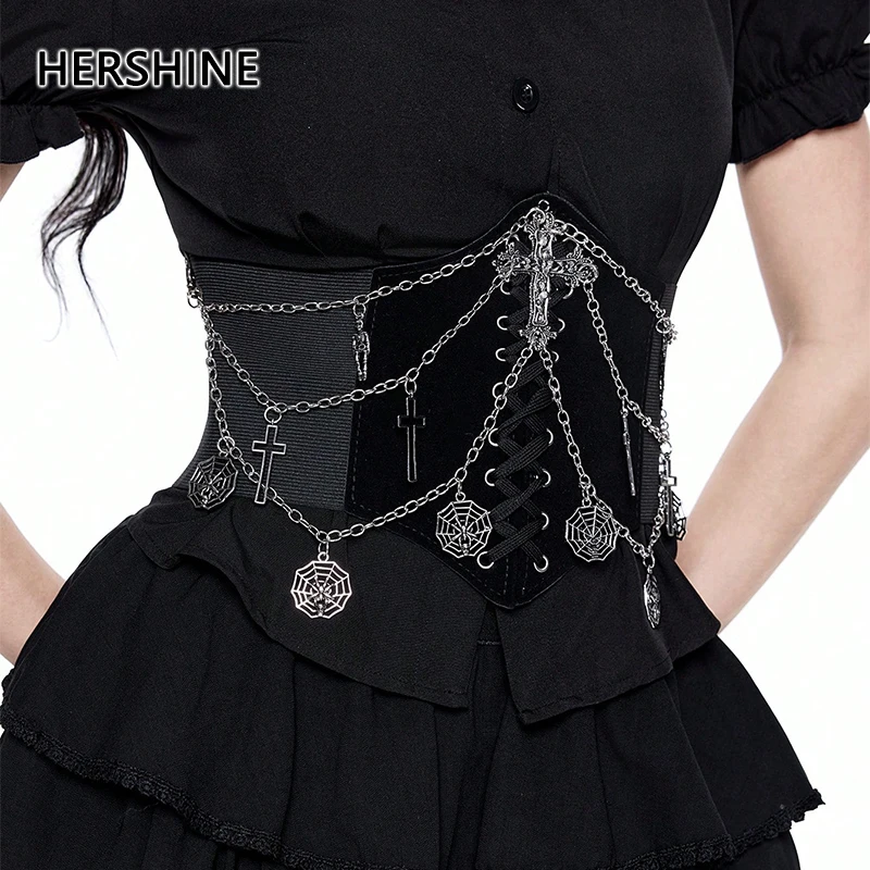 HERSHINE Women's Fashion Chain Cross Elastic Shaping Wide Waist Belt, Y2K Gothic Harajuku Style Dress Accessory，spring，summer