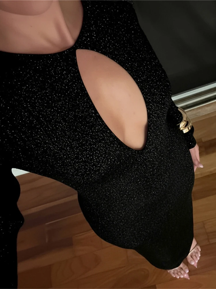 Weird Puss Bright Silk Dress Woman Y2K Hollow Fall Glitter o-Neck Full Sleeve Design Robe Midnight Prom Party Elegant Vestidos
