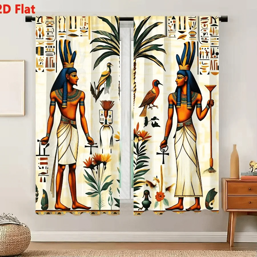 2PC Egyptian Theme Curtains – Ankh, Was Scepter, Palm Trees & Hieroglyphs, 2D Flat Printing, Rod Pocket for Living Room Bedroom