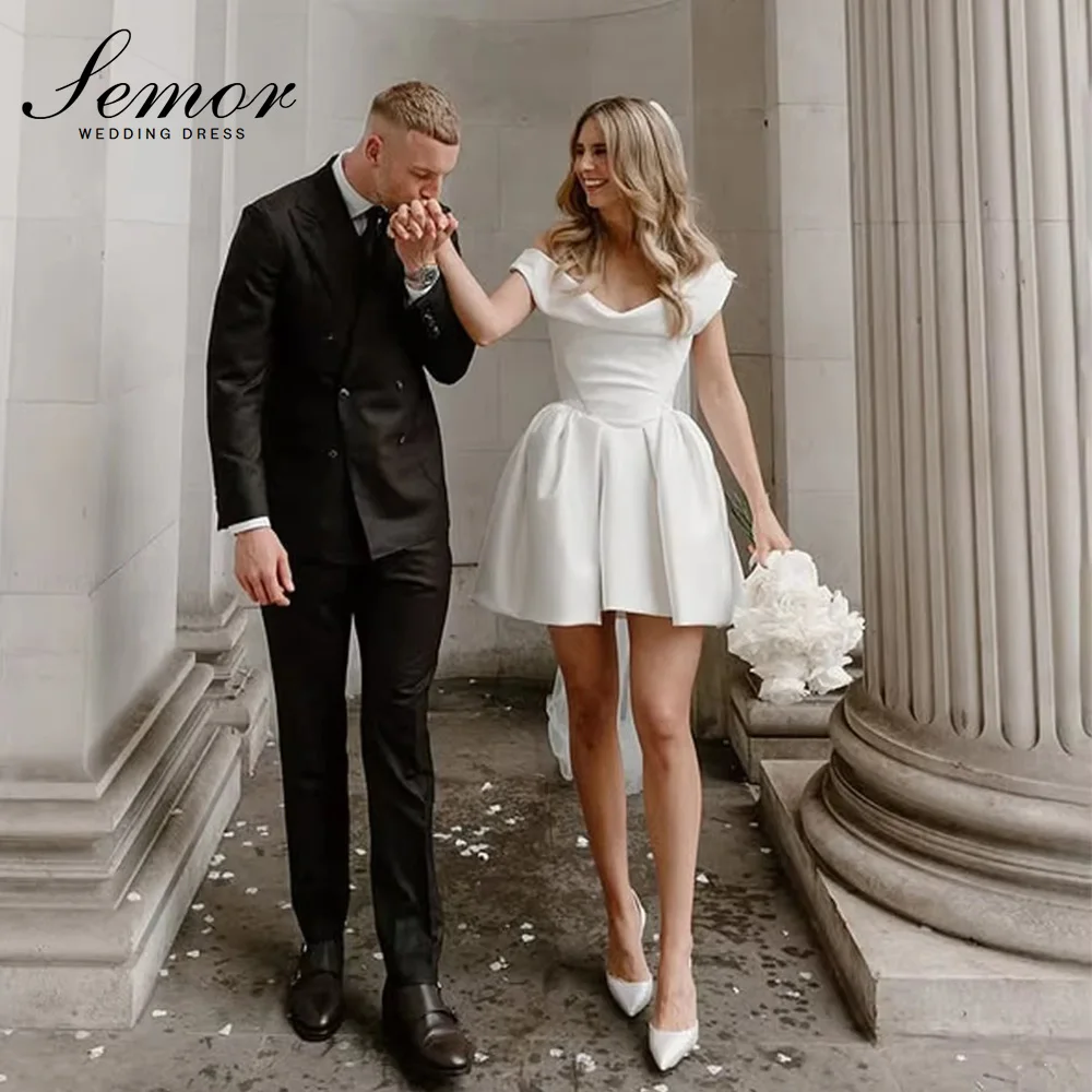 Semor Modern Pleat Off The Shoulder Short A-Line Wedding Dress Women 2026 Open Back Bridal Gown Vestidos De Novia Customized