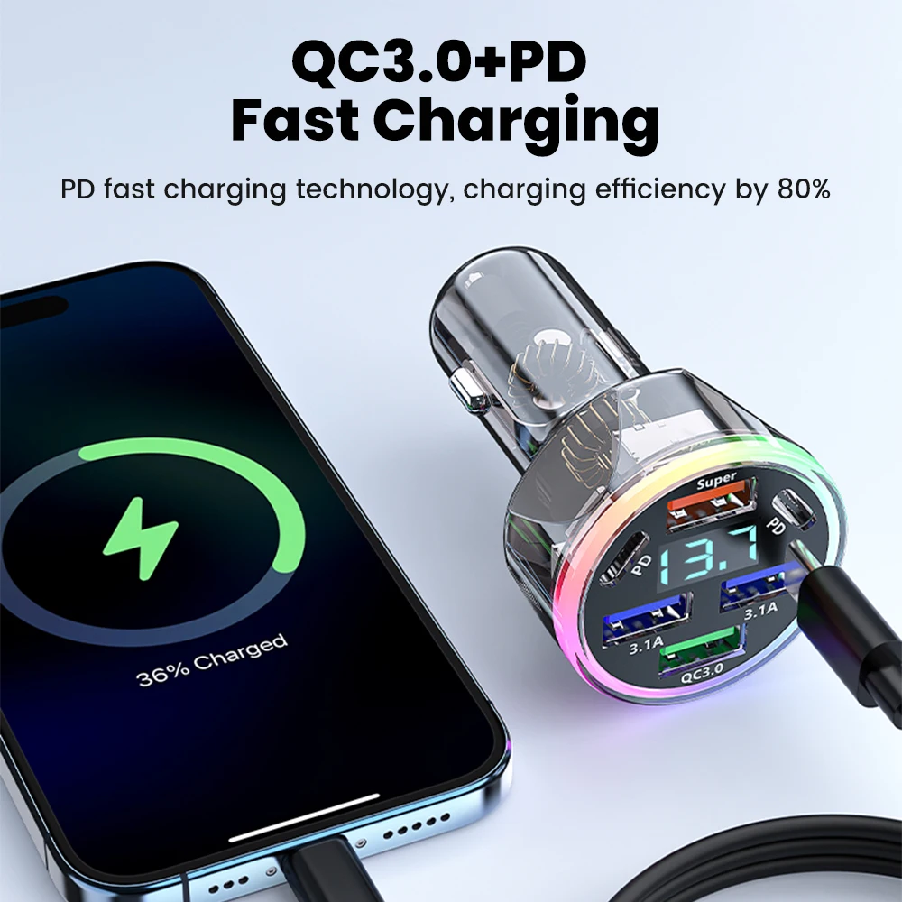 200W 2 Type C+4 USB Ports Car Charger PD QC 3.0 Super Fast Charging Voltage Monitor Colorful Light Universal Car Phone Charger