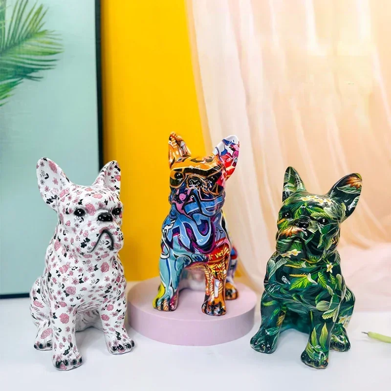 Colorful Dog, French Bulldog Resin Figurine Ornament, Animal Dog Art Statue, DIY Doodle Crafts, Bookshelf, Tabletop Pet Figurine