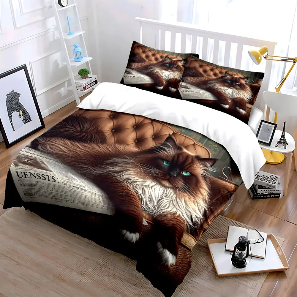 Fluffy cat relaxing with newspaper Pattern Duvet Cover Set Digital Print Colorful Polyester Bedding with Zipper Closur for gifts