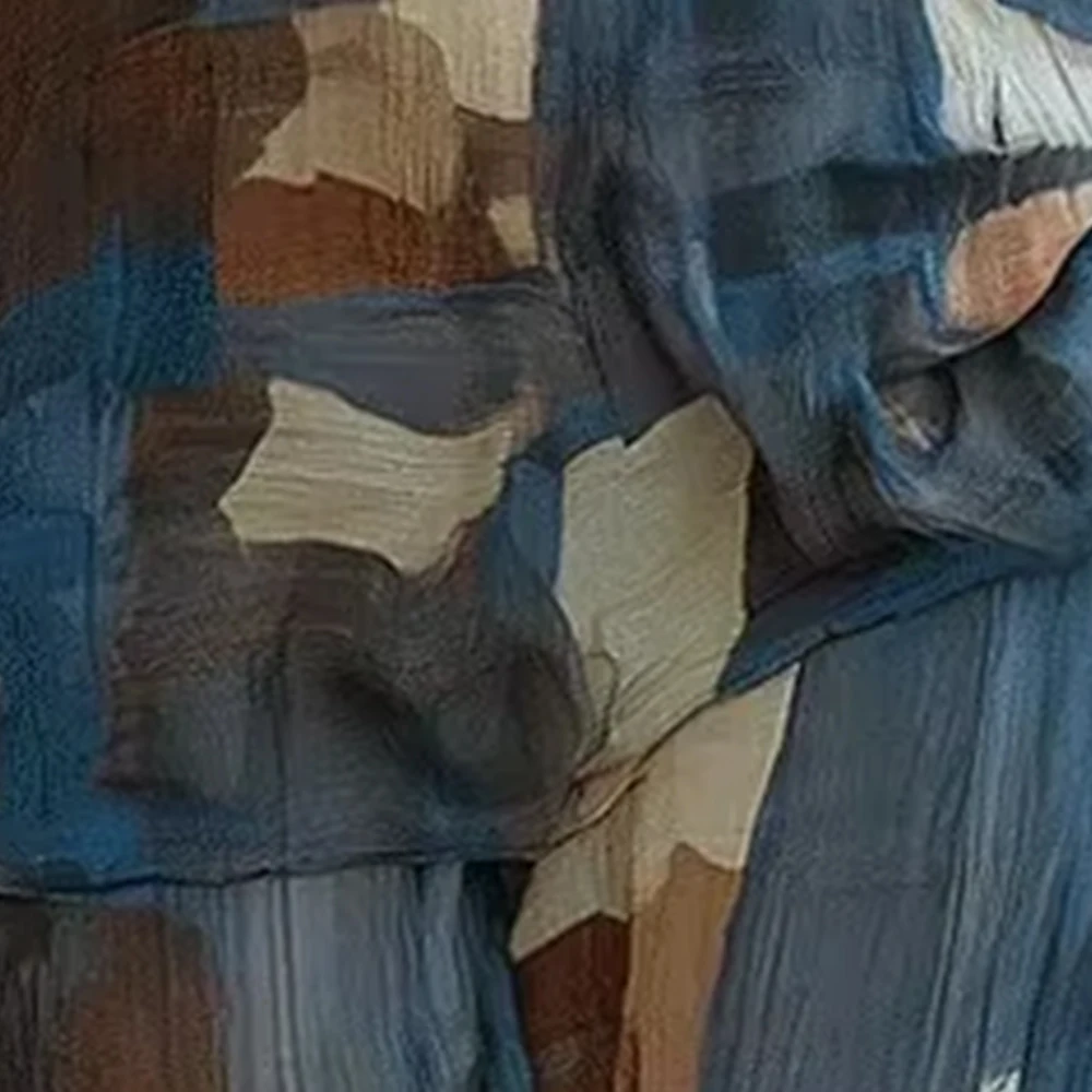 Abstract Color Block Print Two Piece Outfit Lapel Pocket Shirt and Wide Leg Loose Pants Matching Set Boho Casual Suit for Women
