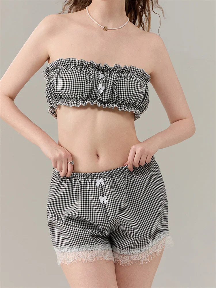 CHRONSTYLE Plaid Print 2 Pieces Pajama Sets Strapless Off Shoulder Bow Tube Tops Bustiers Lace Trim Shorts Pants Sleepwear 2024