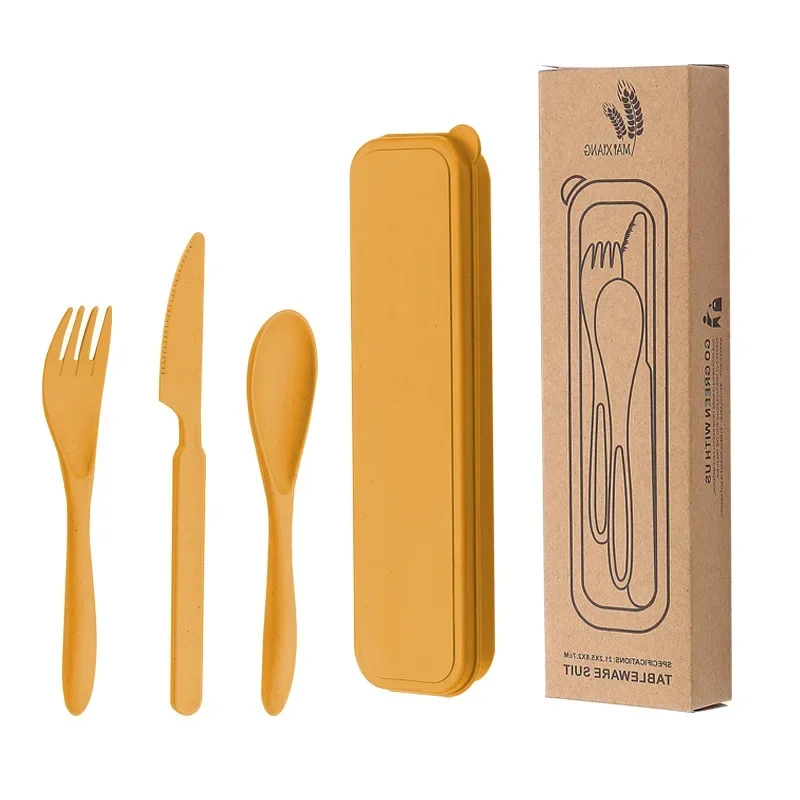 Wheat Straw Cutlery Set with Box, Spoon, Fork, Knife, Portable, Travel, Lunch,    3Pcs