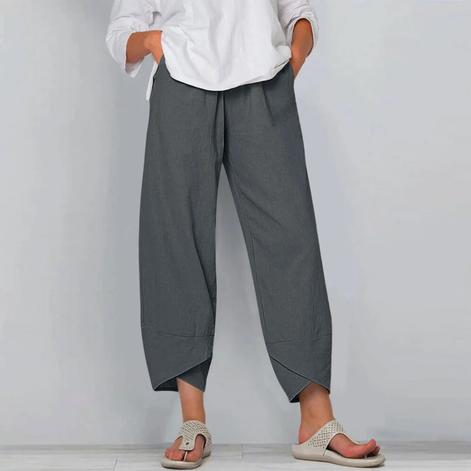 

Casual Solid Quilted Ankle-Length Trousers Loose Women Straight Summer Pants Office Lady Casual Basics Trousers