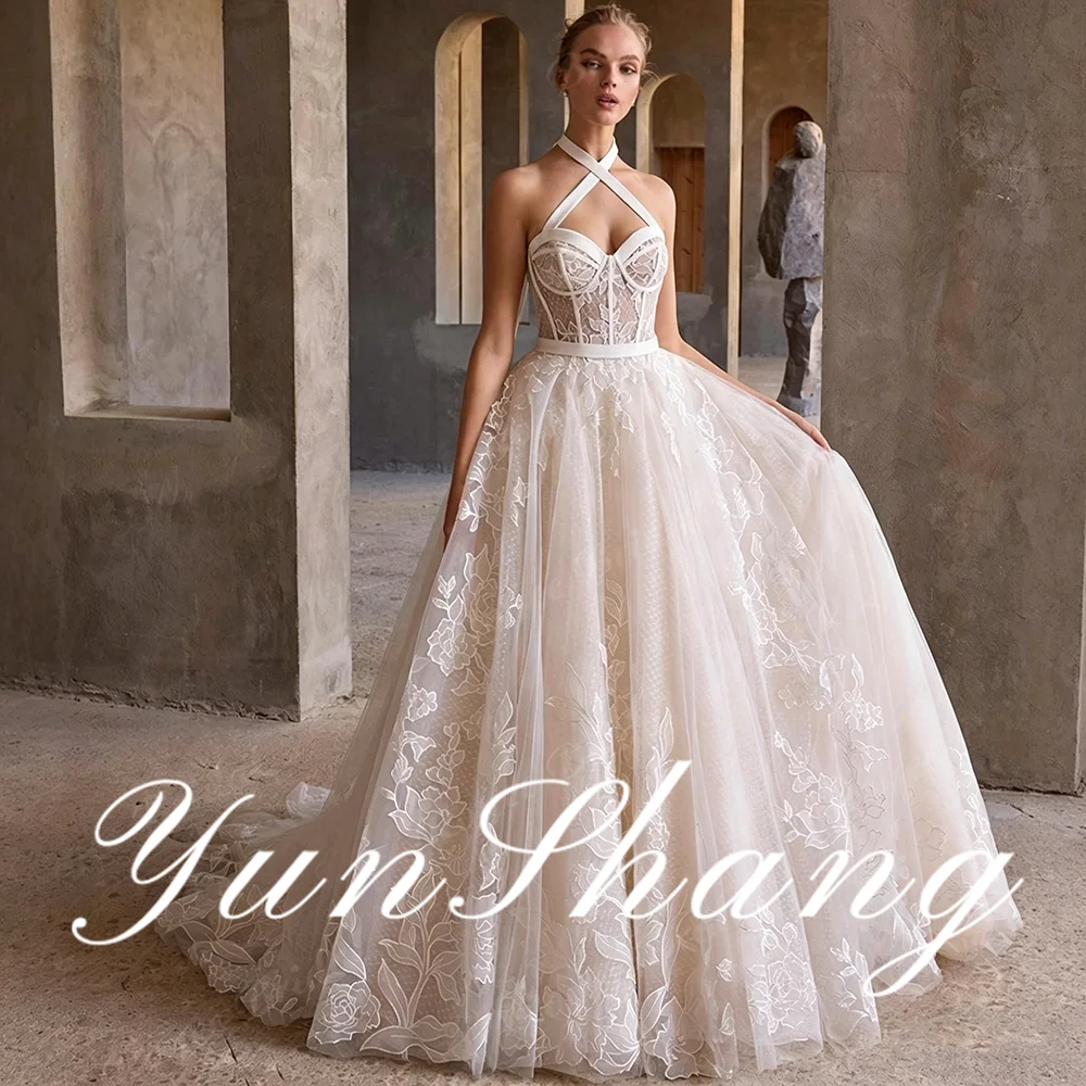

YunShang Customized Tulle A-Line Elegant Wedding Dresses Sweetheart Halter Lace Appliques Sleeveless Backless Train Bridal Gowns