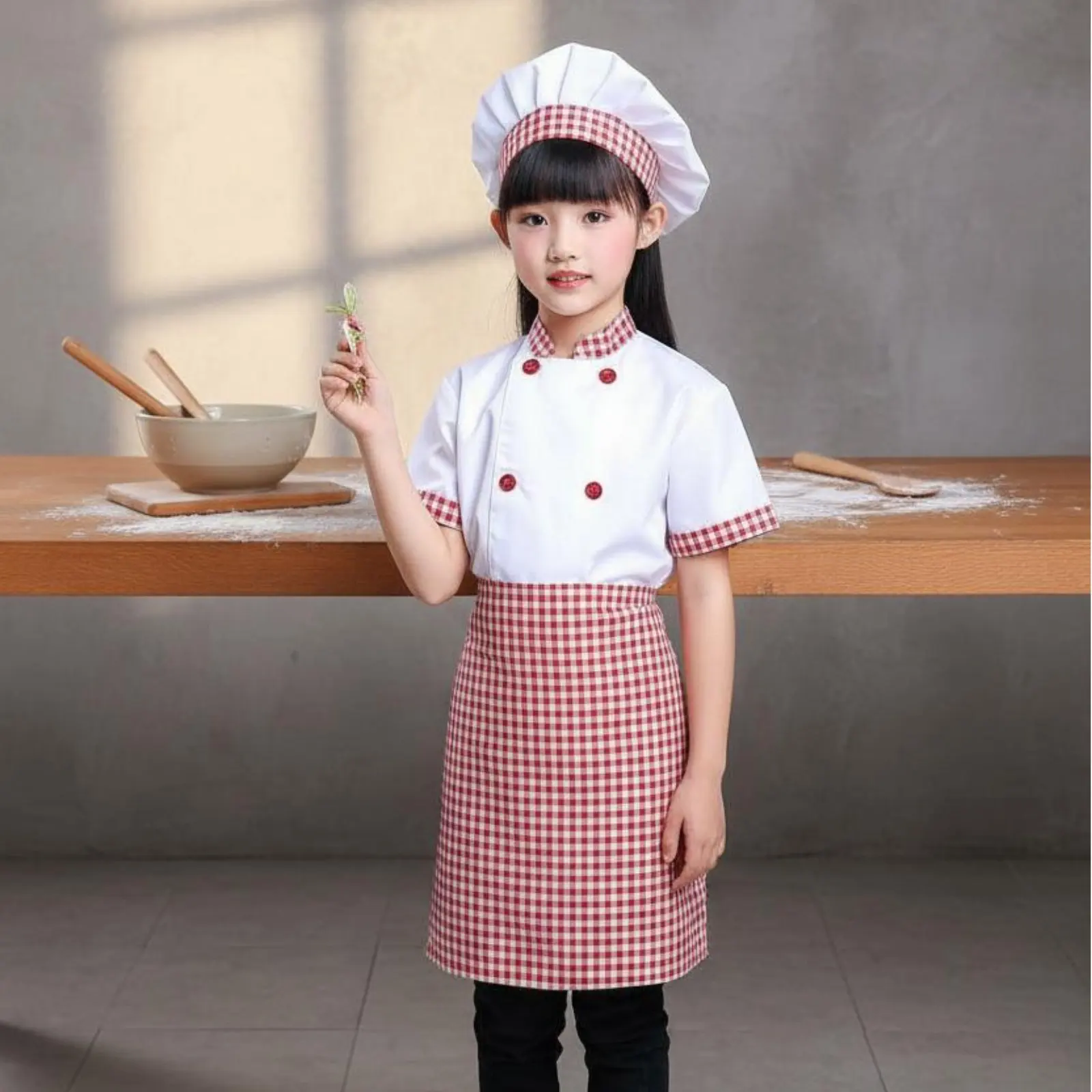 3 Pieces Kids Chef Costume Double Breasted Jacket Children's Cook Uniform Kids Baker Costume Gingham Trim for School Plays view 3