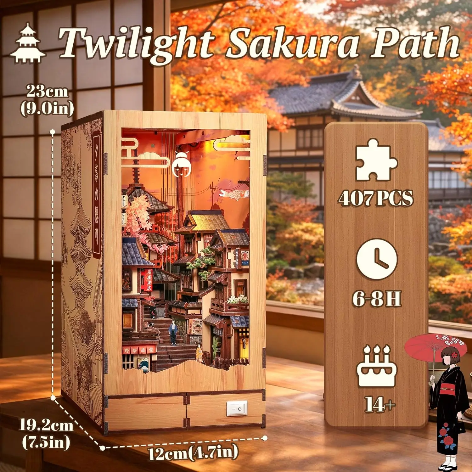 Japanese Book Nook Kit Miniature House, Twilight Sakura Path | 3D Wooden Puzzles for Adults Booknook Japan Bookshelf Diorama Cre