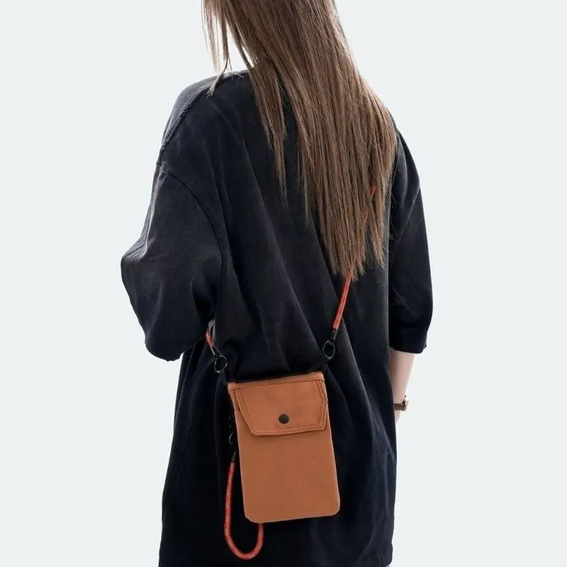 Canvas Crossbody Phone Bag for Men Women Brown Mini Shoulder Purse with Flap Snap Button Closure Long Strap for Travel Daily