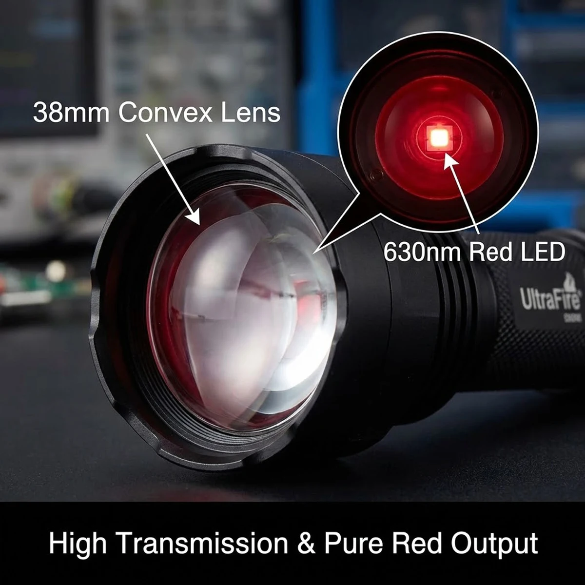 UltraFire UF-1505R Zoomable Red Light Hunting Flashlight 630nm LED Torch 38mm Convex Lens Adjustable Focus for Coyote Fox