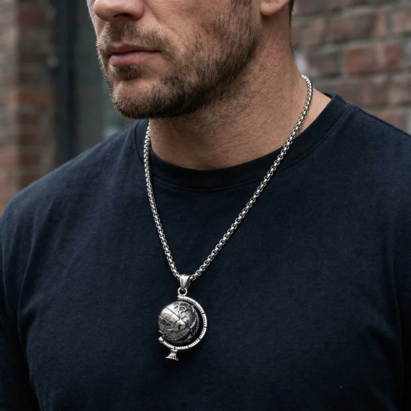 KALEN Trendy Rotatable 3D Earth Globe Pendant Necklace for Men Stainless Steel Cool Boy Gift Box Chain Male Casual Wear Jewelry