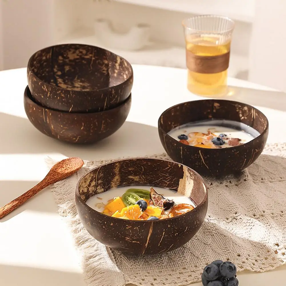 Coconut Bowl with Wood Spoon Natural Dinnerware Food Safe Coconut Bowl for Oatmeal Milkshakes Fruit Salads Yogurt Desserts