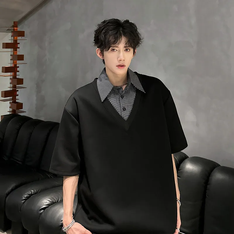 American Style Summer Men's Color-coded Spliced Casual Trendy Turn-down Collar Short Sleeve Fake 2 Piece T-shirts Male Clothes