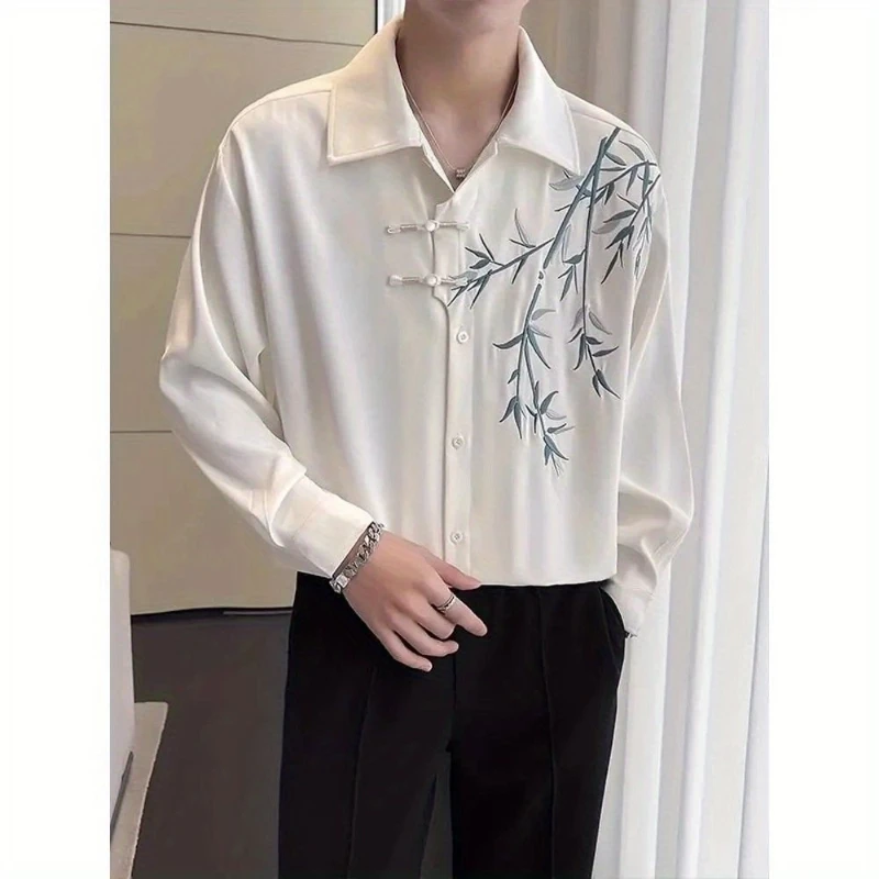 2024 New Spring and Autumn Chinese Style Fashionable Casual Loose Long Sleeved Printed Flip Collar Embroidered Men\'s Shirt Top