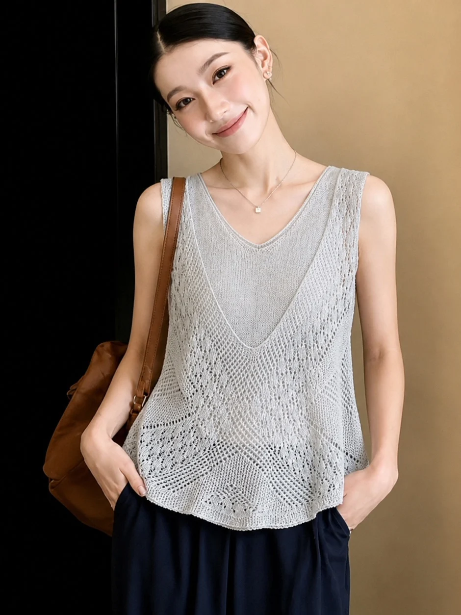 

Loose V-Neck Knitted Hollow out Sleeveless Top Women's Summer Outerwear Casual Loose Slimming Fake Two-Piece Vest Grey