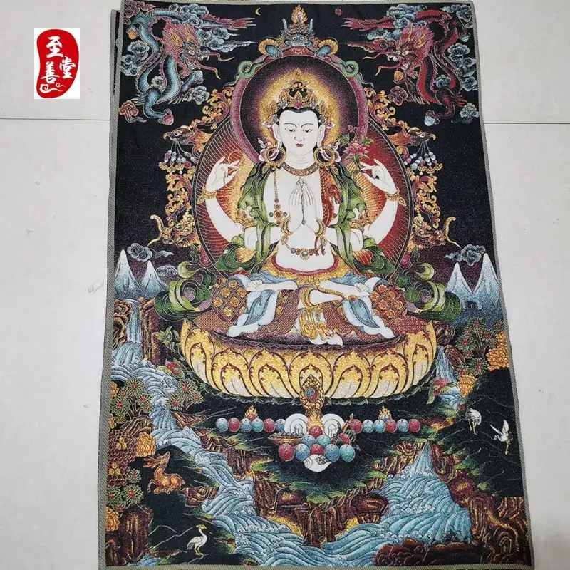 Tibet Tibetan Cloth Silk Four-armed avalokitesvara Thangka Tangka Embroidery Painting Embroidery Hanging Pictures