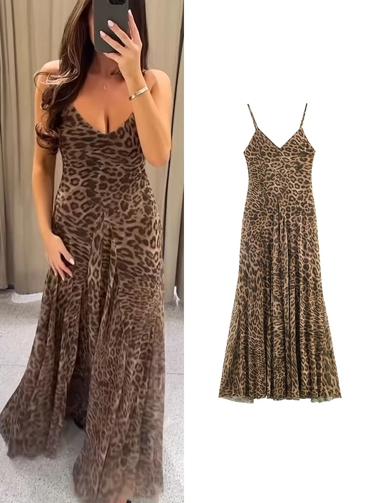 Vestido Feminino Sexy de Verão, Vestido Vintage com Estampa de Leopardo, Vestido de Festa com Alças, Sem Mangas, Costas Descobertas, Maxi Dress Feminino