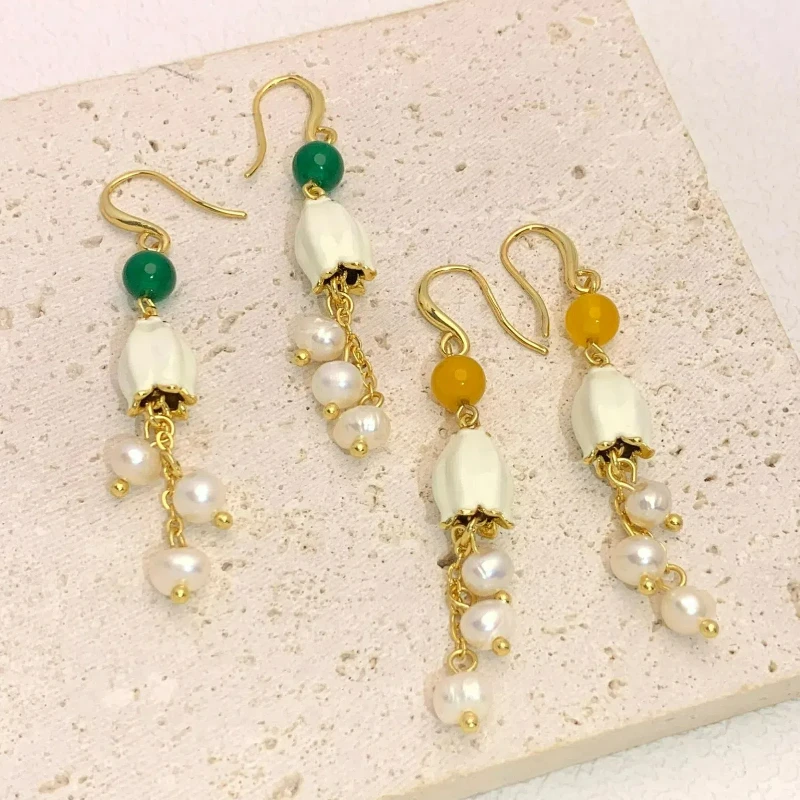 

2024 Autumn New Niche Design Natural Freshwater Pearl Tassel White Enamel Bell Orchid Earrings Chinese Style Jewelry for Women