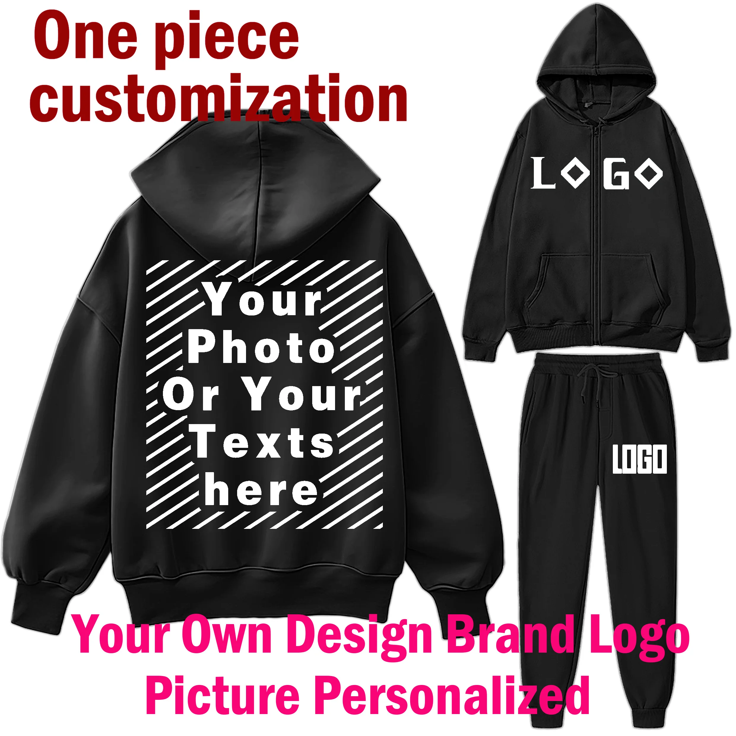 DIY Customize Your LOGO Tracksuit Suit Autumn Fashion Warm Hoodie Sweatshirts Two Pieces Oversized Solid Casual Hoody Pullovers