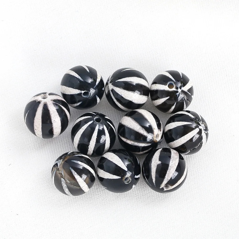 2PC Natural Agate Watermelon Beads Round Black and White Striped Loose Beads for Jewelry Making DIY Bracelet Accessories