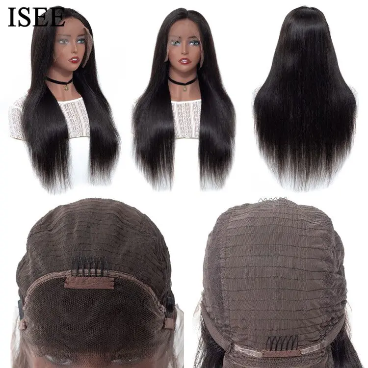 ISEE-Perucas dianteiras retas do laço para mulheres, cabelo humano brasileiro, 13x4, densidade de 220%