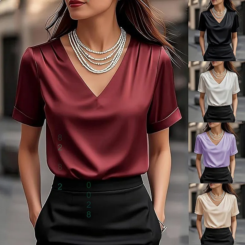 

Elegant Satin V Neck Short Sleeve Blouse Top Tee Spring Summer Women Tops Dressy Casual Shirts Matching Sets