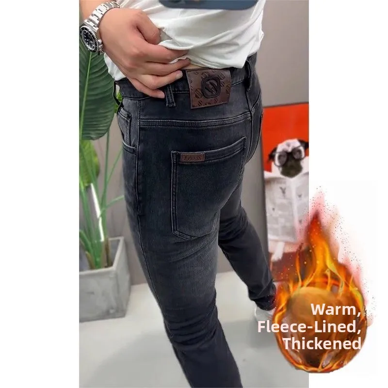 

Мужские джинсы Slim Fit из денима, осенне-зимние, новые, модные, с подкладкой, повседневные брюки, универсальные, эластичные, прямые...