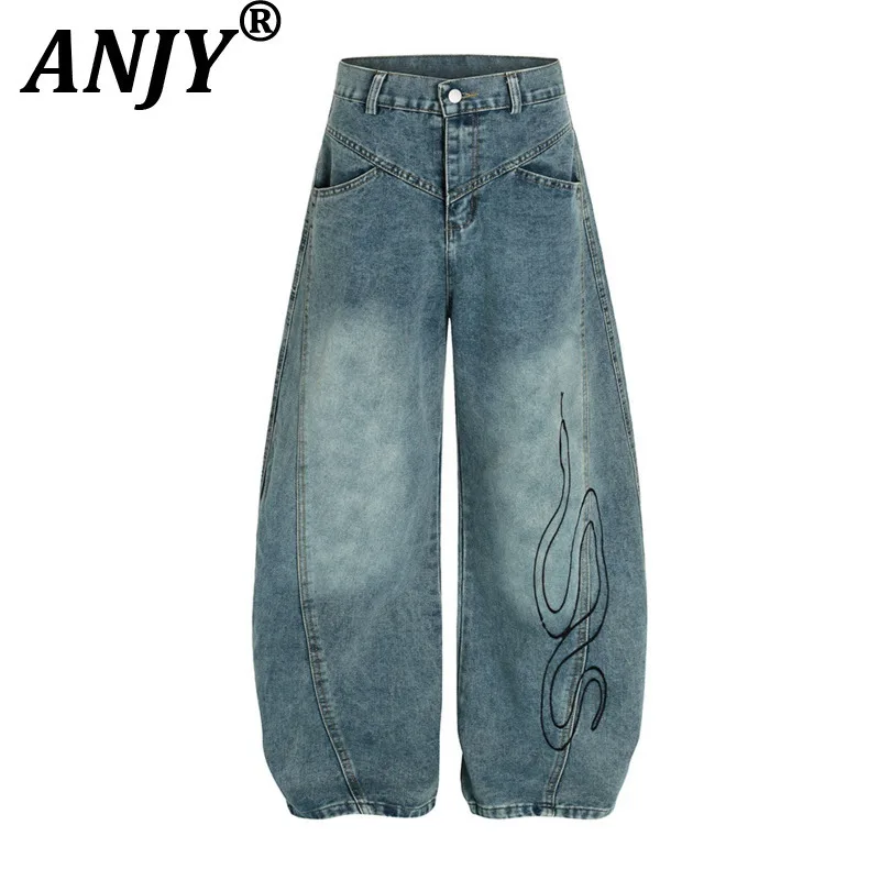

ANJY Autumn New American Retro High Street Jeans Vintage Distressed Washed Punk Casual Trendy Pockets Denim Wide Leg Pants A8123
