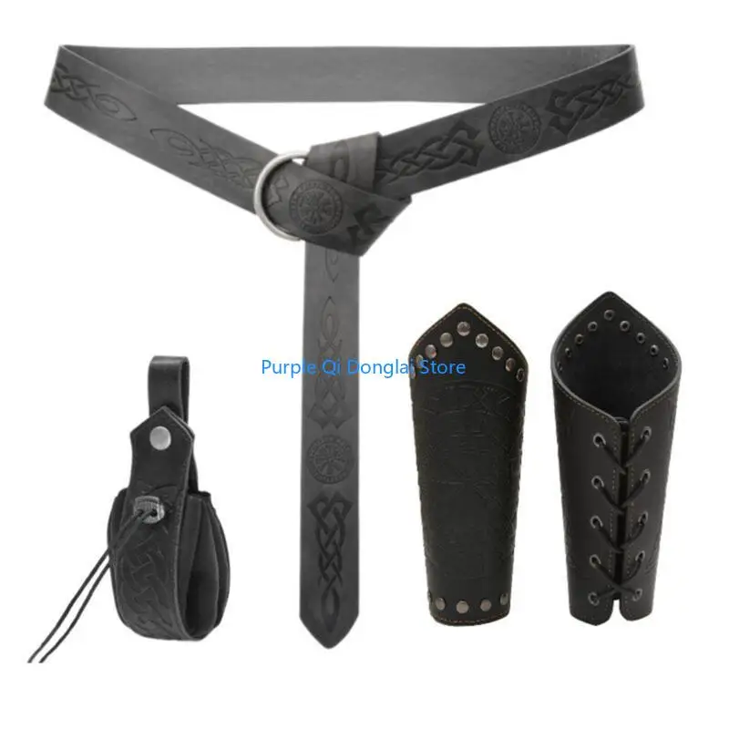 L21E 4 Pcs/Set Medieval Cosplay Set Belt PU Leather Waist Bag Arm Bracers Knights Decoration for Women and Men