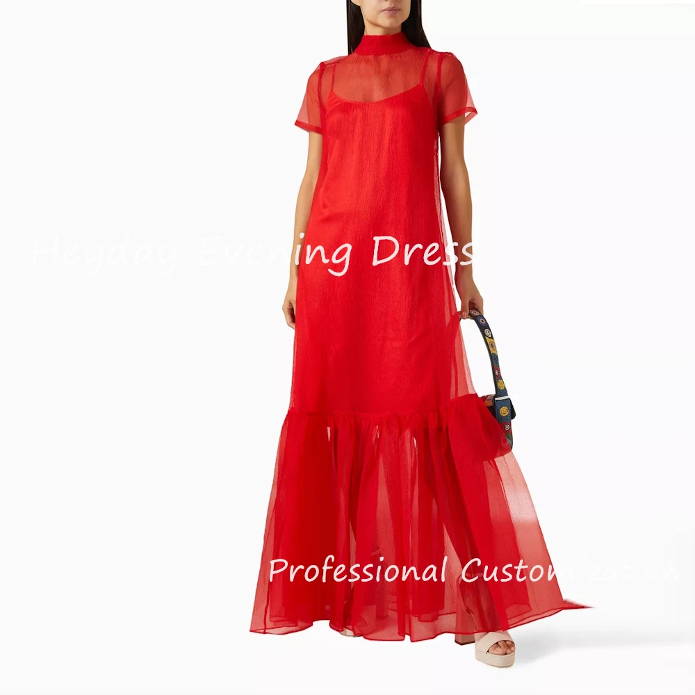 

Heyday O-Neck Saudi Short Sleeves Sexy A-Line Prom Ruffle Gown Chiffon Ankle Length Elegant Dresses For luxurious Women 2024