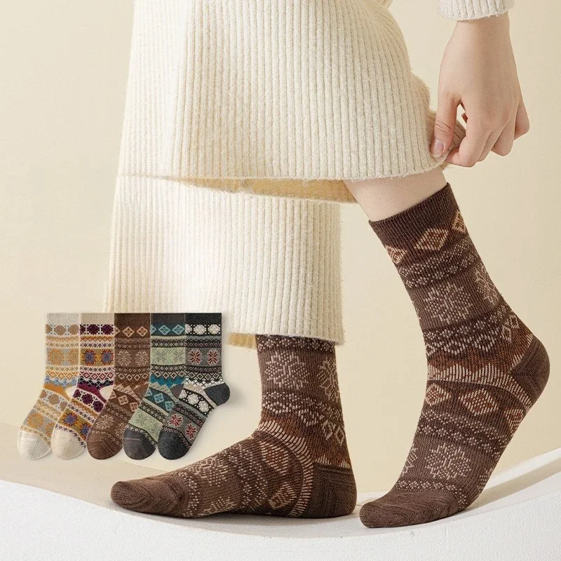 Socks Women Mid-tube Socks Spring Double-needle Cotton Socks Retro Ethnic Style Stacking Socks Autumn Winter Warm Stockings
