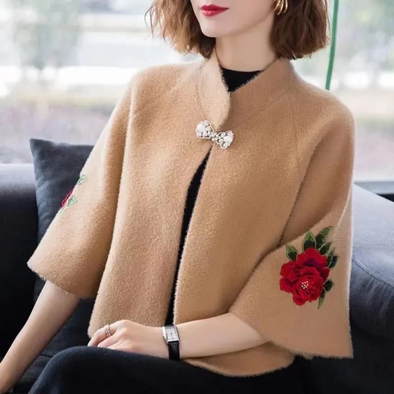 High End Women Imitation Mink Velvet Coat Autumn Winter Embroidered Shawl Fashion Short Sweater Shawl Knitted Cardigan Jacket