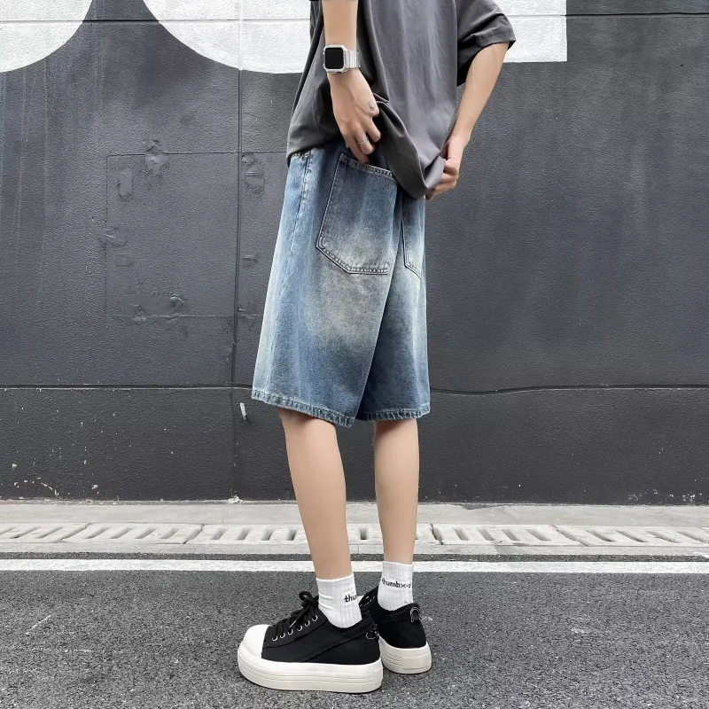 여름 데님 반바지 남성 얇은 중간 길이 캐주얼 작업복 반바지 루즈 스트레이트 레그 남성 워싱 7부 청바지