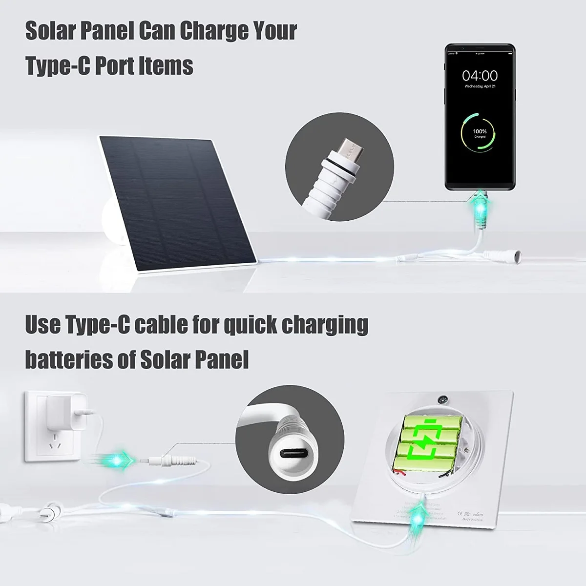 Outdoor 4W Solar Panel 5V Built-in 18650 Replaceable Battery Waterproof Solar Power Panel Type-c USB Charged For Security Camera