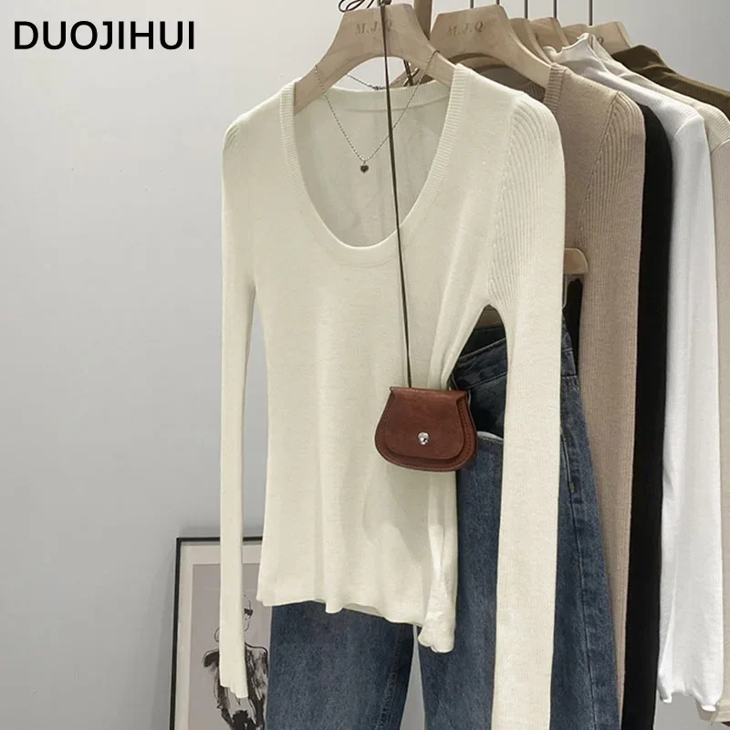 DUOJIHUI New Chic Neck Slim Knitting Autumn Female T-shirts Simple Casual Fashion Office Ladies Basic Solid Color Women T-shirts